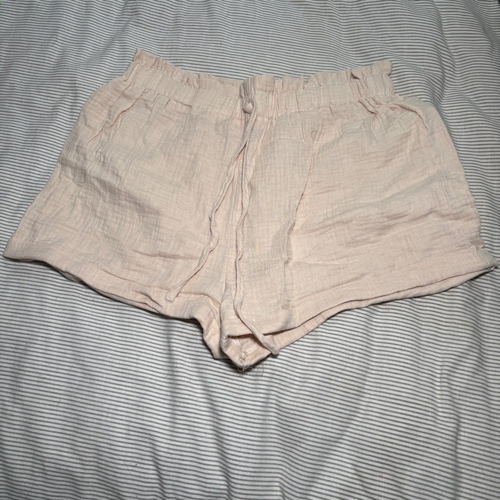 High Waist Seersucker Shorts Tan Size Large